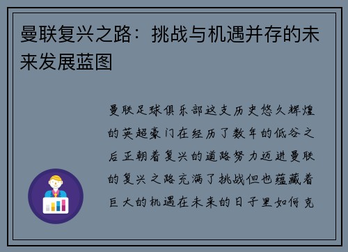 曼联复兴之路：挑战与机遇并存的未来发展蓝图