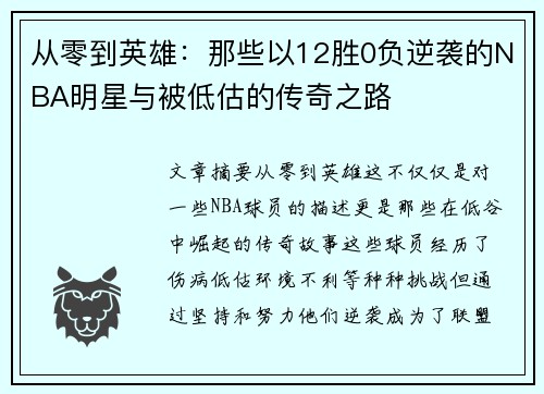 从零到英雄：那些以12胜0负逆袭的NBA明星与被低估的传奇之路