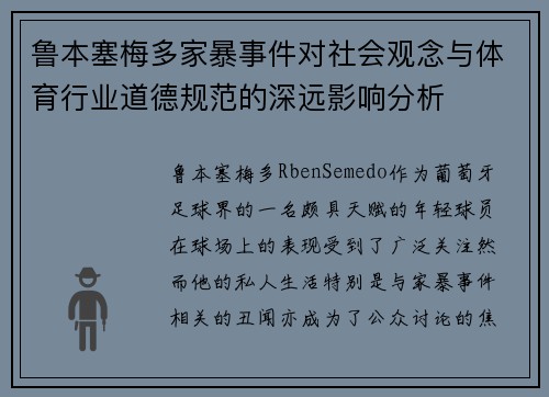 鲁本塞梅多家暴事件对社会观念与体育行业道德规范的深远影响分析
