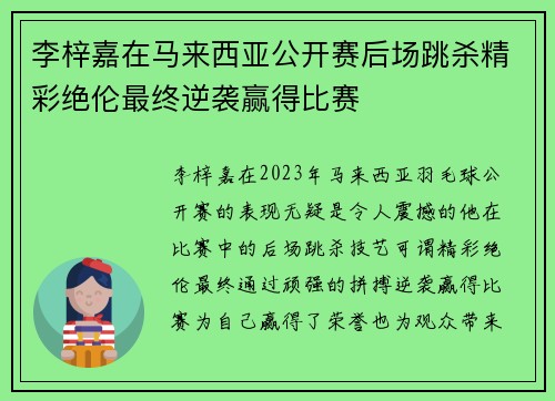 李梓嘉在马来西亚公开赛后场跳杀精彩绝伦最终逆袭赢得比赛